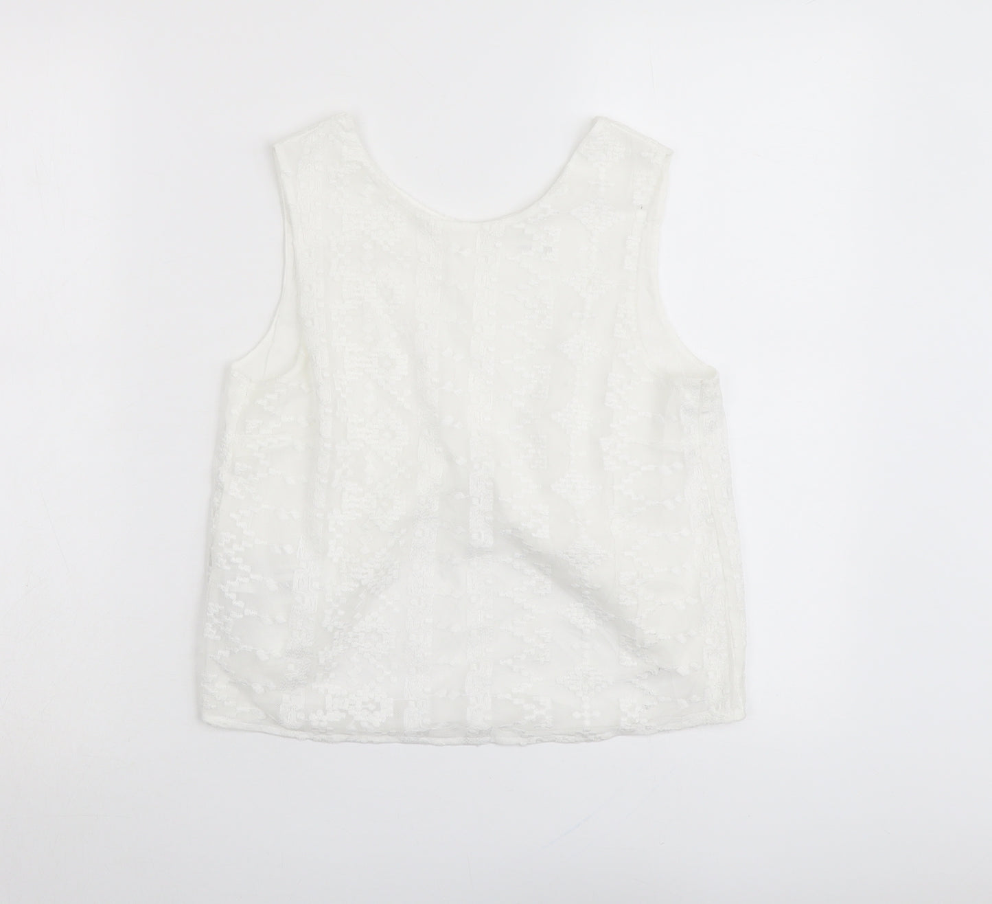 Mango Womens White Geometric Polyester Basic Tank Size S Round Neck