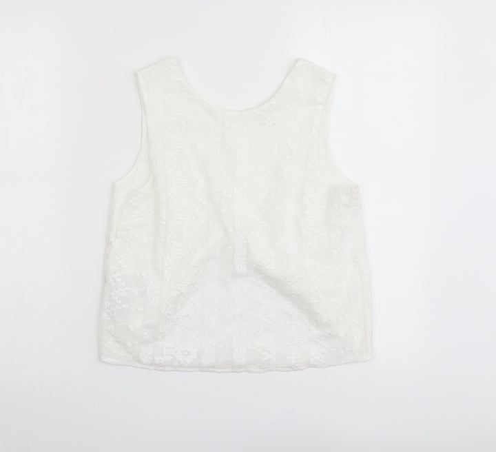 Mango Womens White Geometric Polyester Basic Tank Size S Round Neck