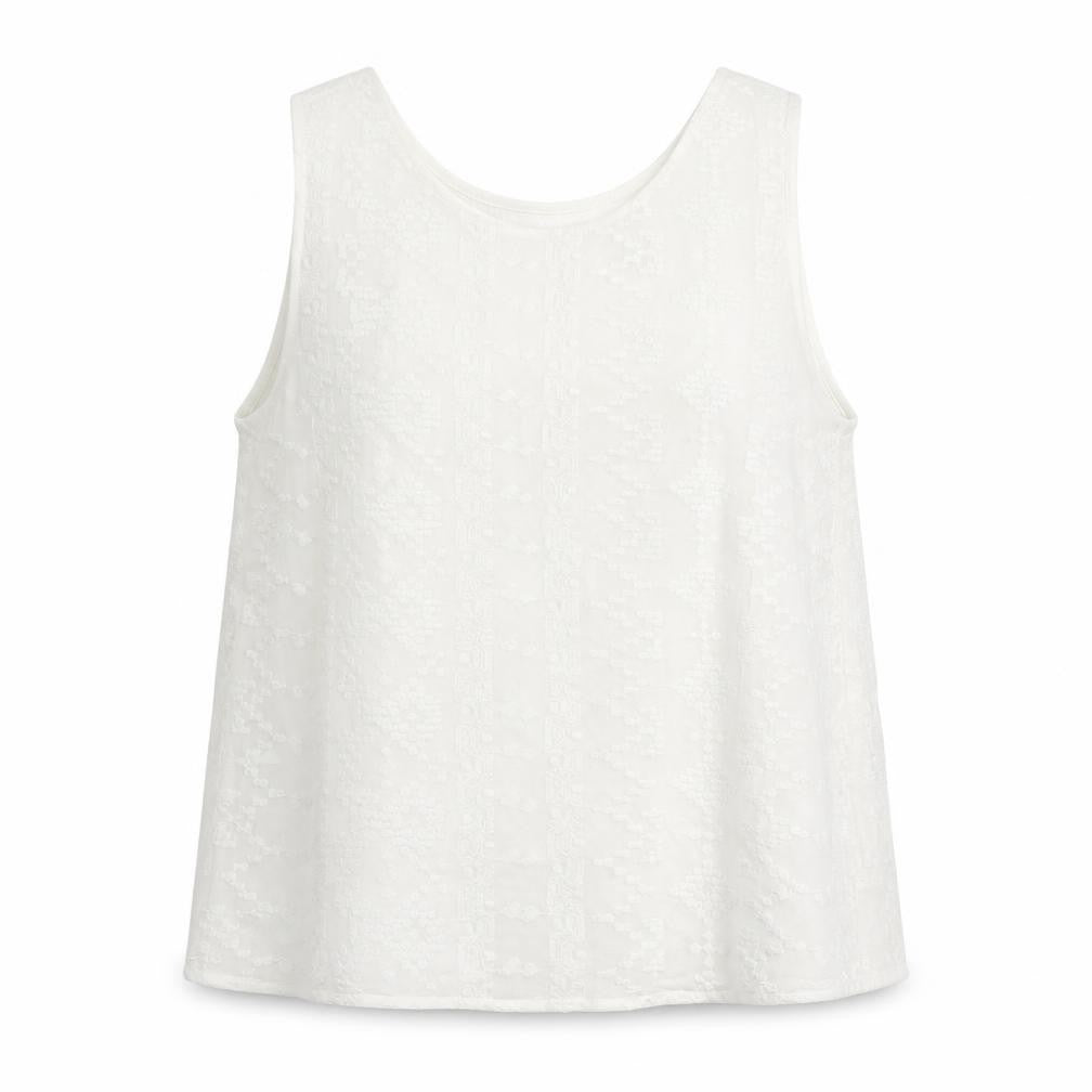 Mango Womens White Geometric Polyester Basic Tank Size S Round Neck