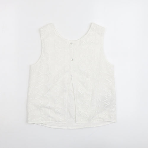 Mango Womens White Geometric Polyester Basic Tank Size S Round Neck