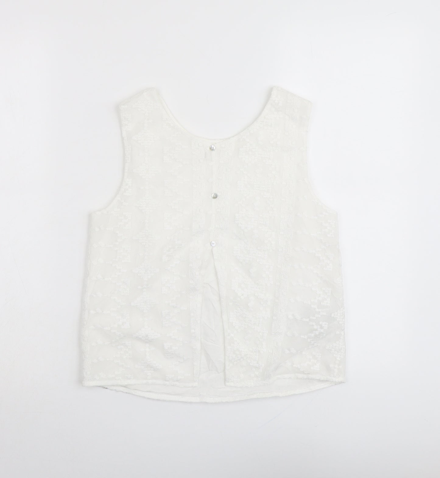 Mango Womens White Geometric Polyester Basic Tank Size S Round Neck