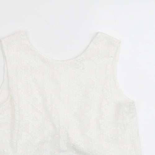Mango Womens White Geometric Polyester Basic Tank Size S Round Neck