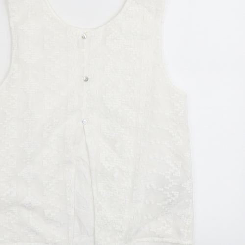 Mango Womens White Geometric Polyester Basic Tank Size S Round Neck