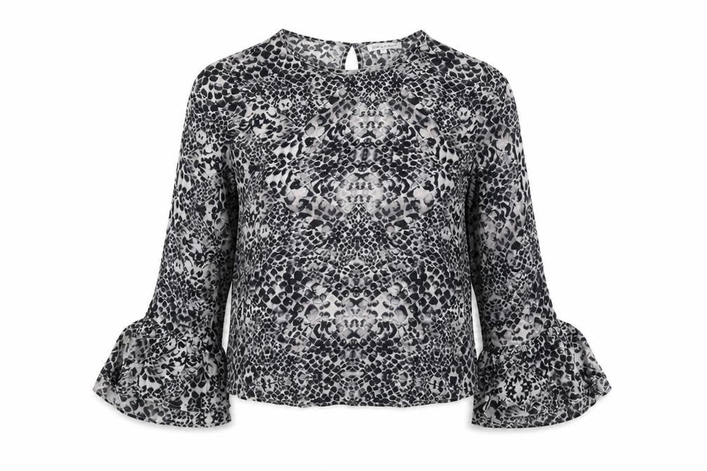 Front view of Lily & Lionel women’s grey geometric viscose basic blouse, size XS, round neck