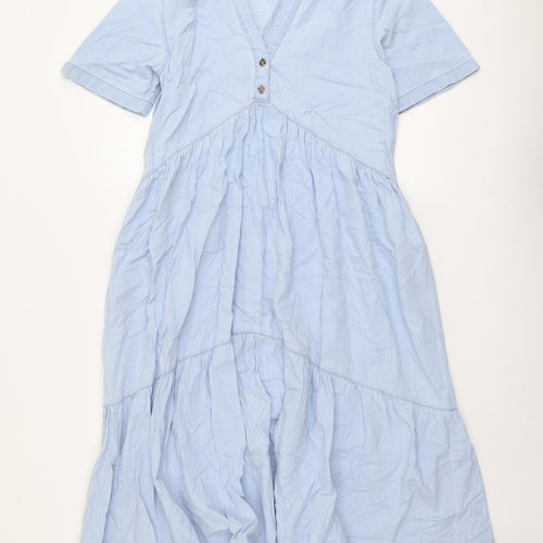 Stradivarius Womens Blue Cotton Shirt Dress Size M Collared Button