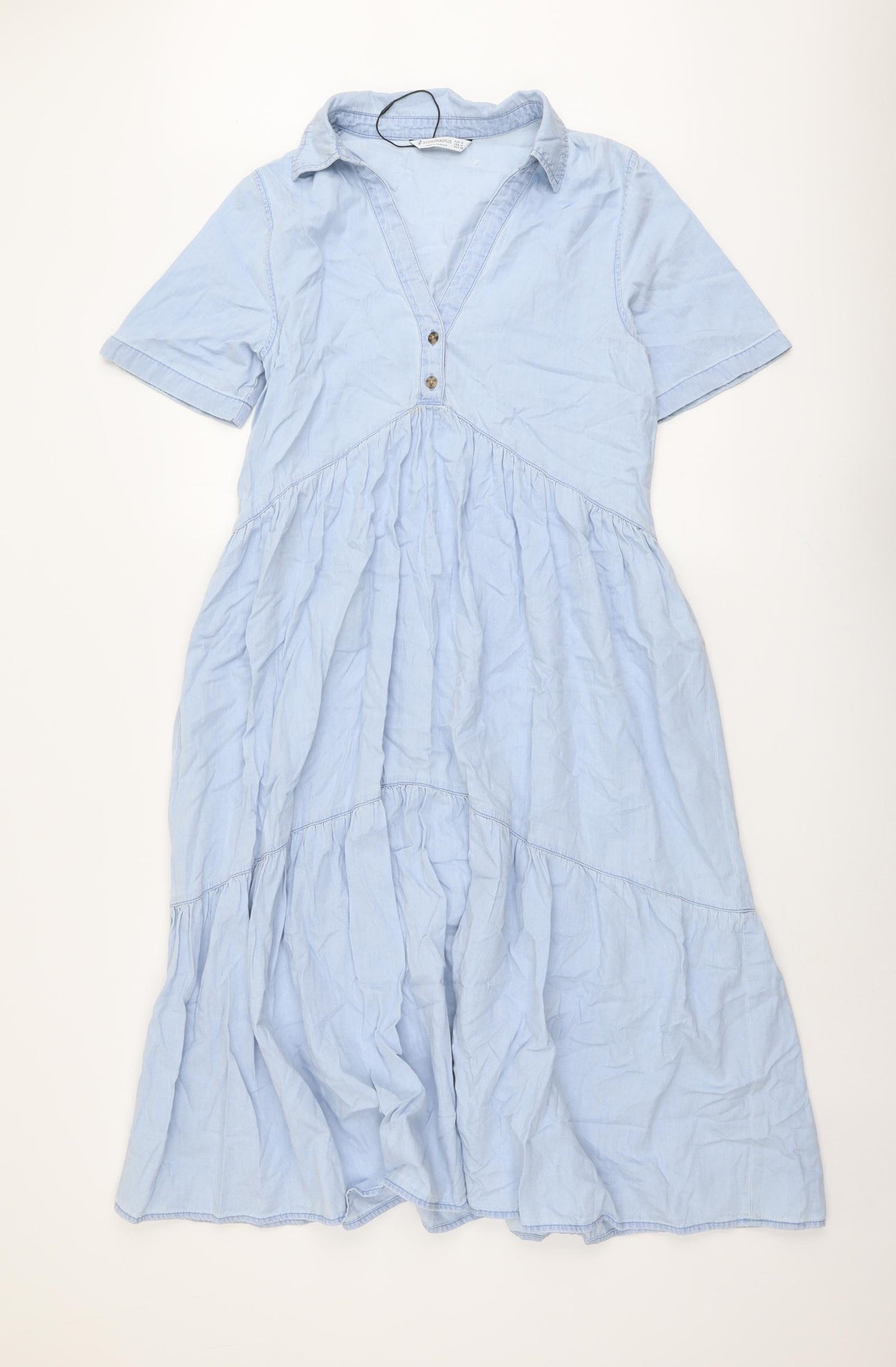 Stradivarius Womens Blue Cotton Shirt Dress Size M Collared Button
