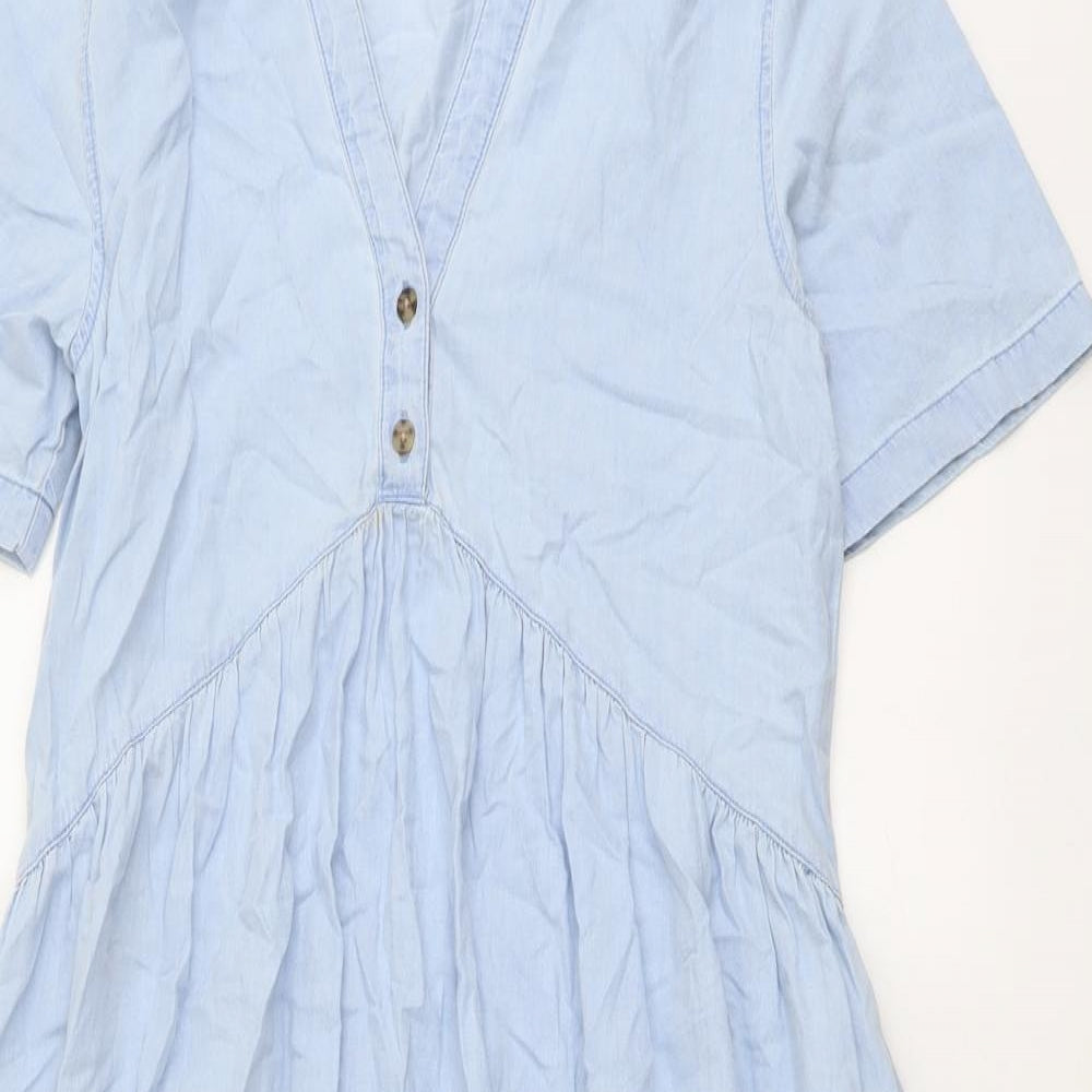 Stradivarius Womens Blue Cotton Shirt Dress Size M Collared Button