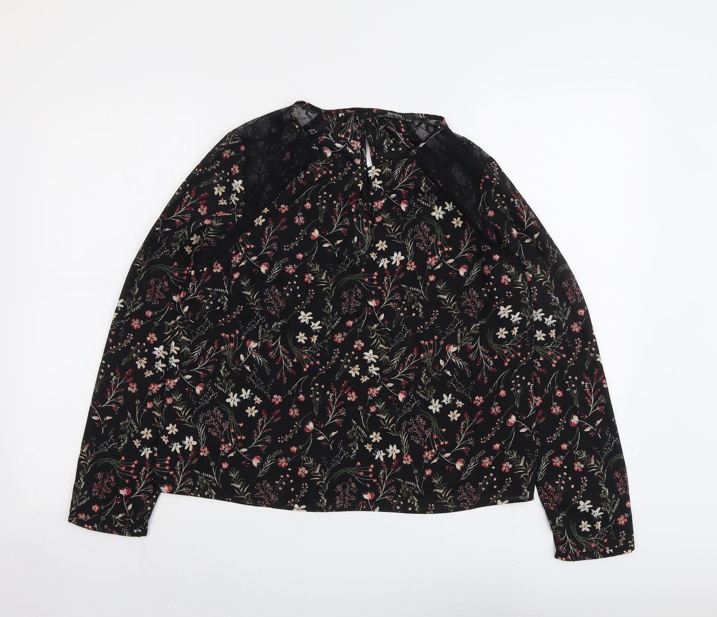 Bershka Womens Black Floral Polyester Basic Blouse Size L Round Neck