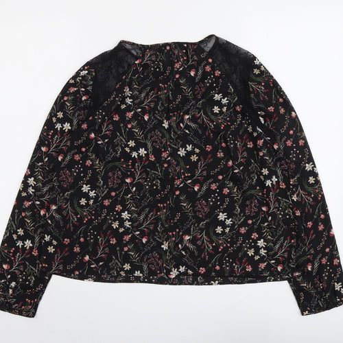 Bershka Womens Black Floral Polyester Basic Blouse Size L Round Neck
