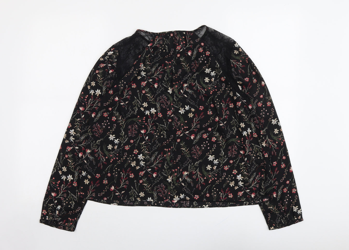 Bershka Womens Black Floral Polyester Basic Blouse Size L Round Neck