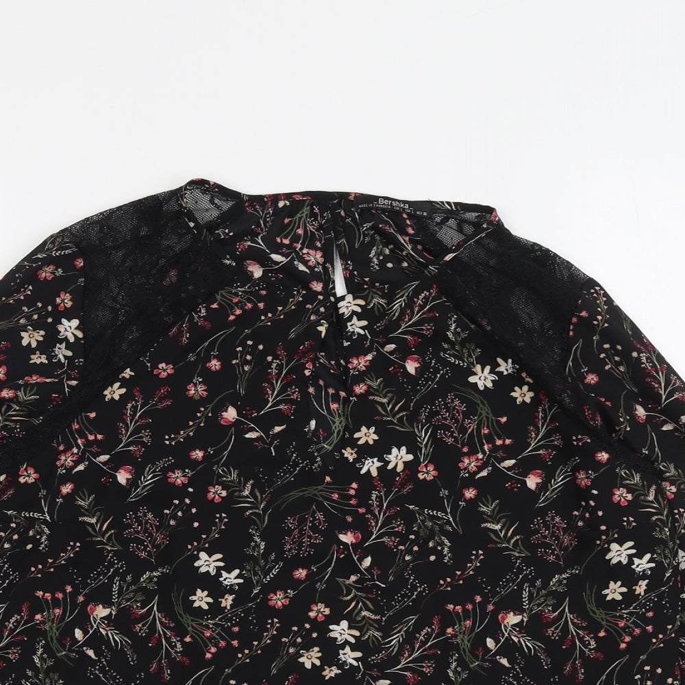 Bershka Womens Black Floral Polyester Basic Blouse Size L Round Neck
