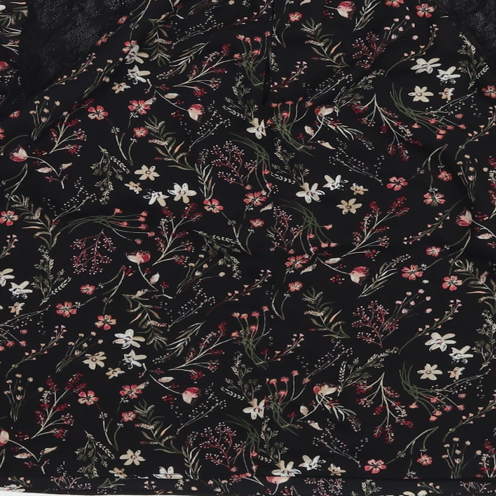 Bershka Womens Black Floral Polyester Basic Blouse Size L Round Neck