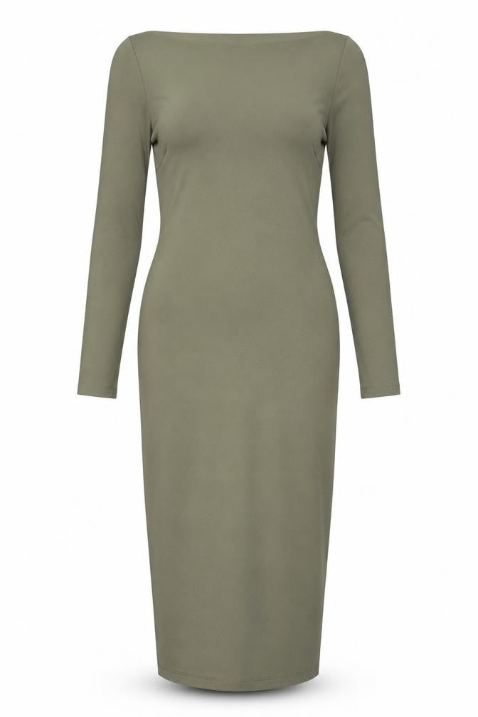Front view of H&M women’s green polyester bodycon, size UK 8, boat neck pullover