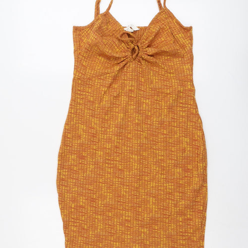 H&M Womens Orange Polyester Slip Dress Size M V-Neck Pullover - Ribbed