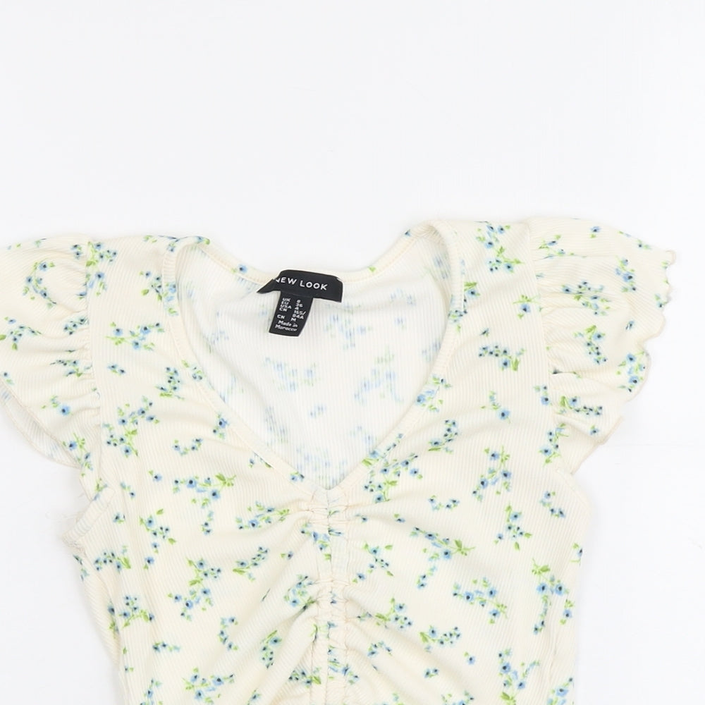 New Look Womens Ivory Geometric Polyester Basic T-Shirt Size 8 V-Neck