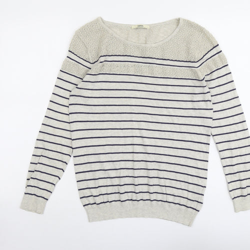 Oasis Womens Grey Round Neck Striped Cotton Pullover Jumper Size L