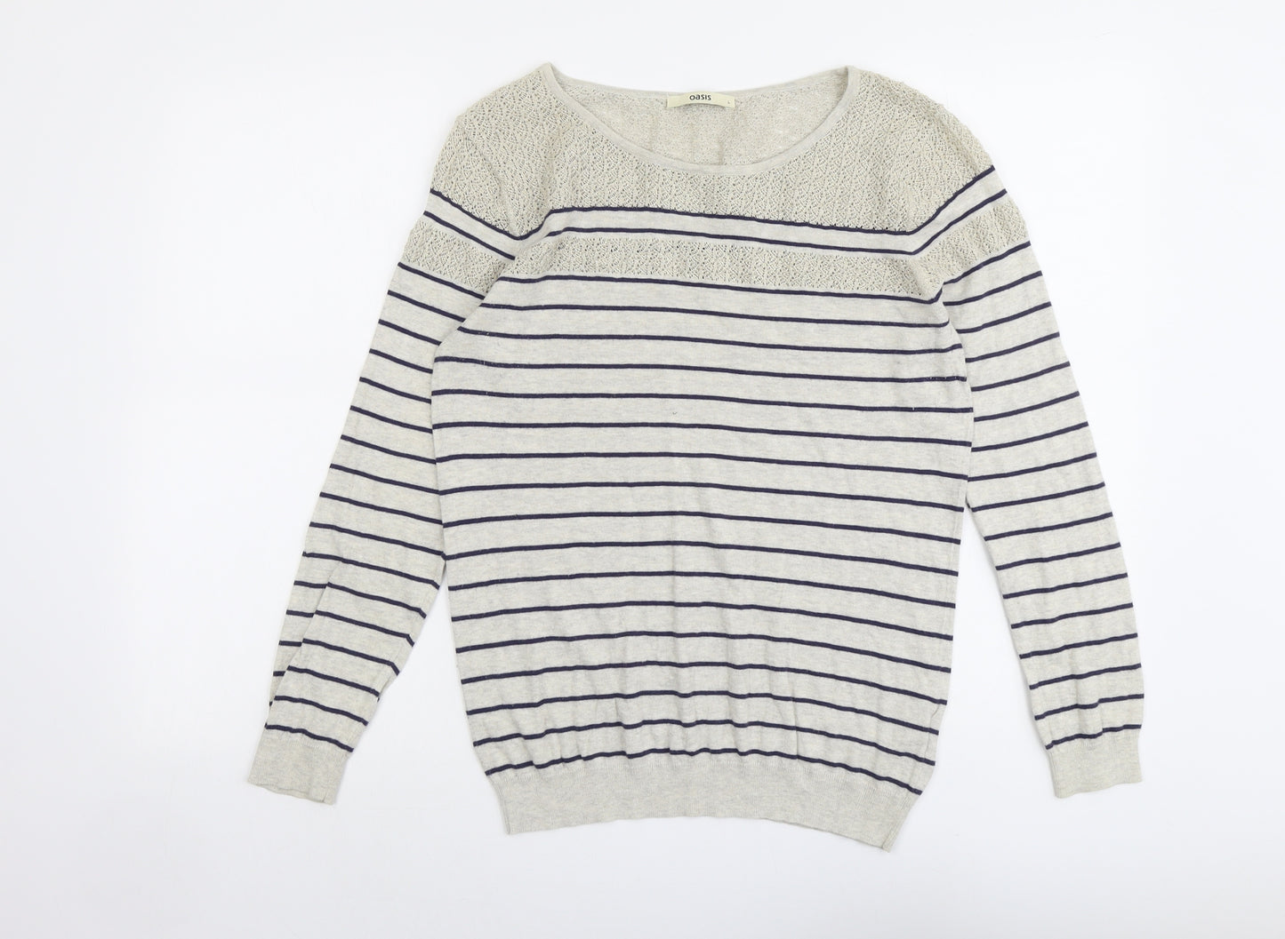 Oasis Womens Grey Round Neck Striped Cotton Pullover Jumper Size L