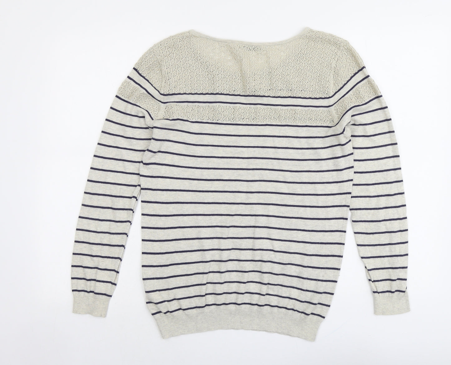 Oasis Womens Grey Round Neck Striped Cotton Pullover Jumper Size L