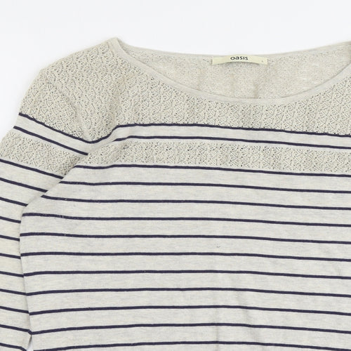 Oasis Womens Grey Round Neck Striped Cotton Pullover Jumper Size L
