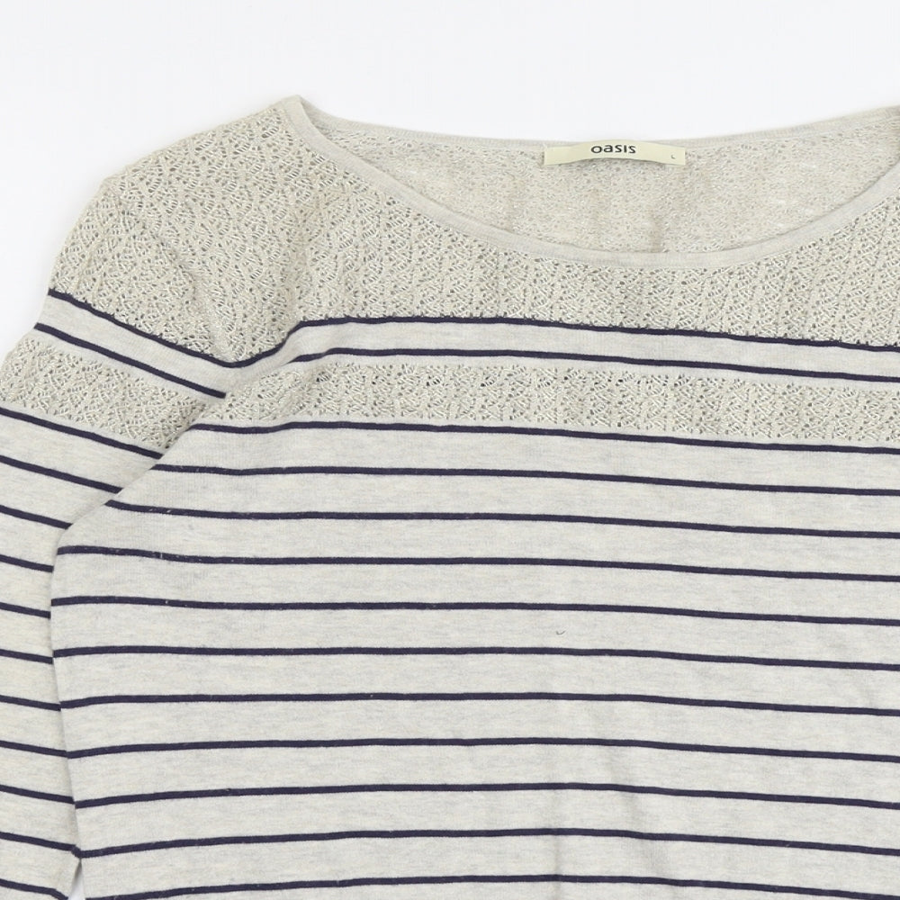 Oasis Womens Grey Round Neck Striped Cotton Pullover Jumper Size L