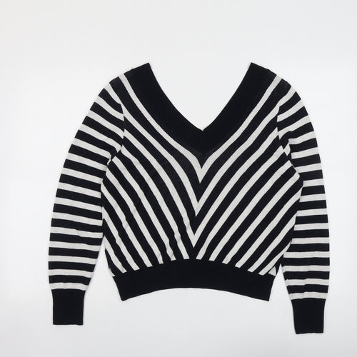 Marks and Spencer Womens Black V-Neck Striped Viscose Pullover Jumper Size 16