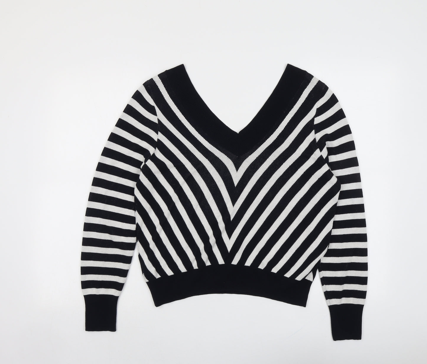 Marks and Spencer Womens Black V-Neck Striped Viscose Pullover Jumper Size 16