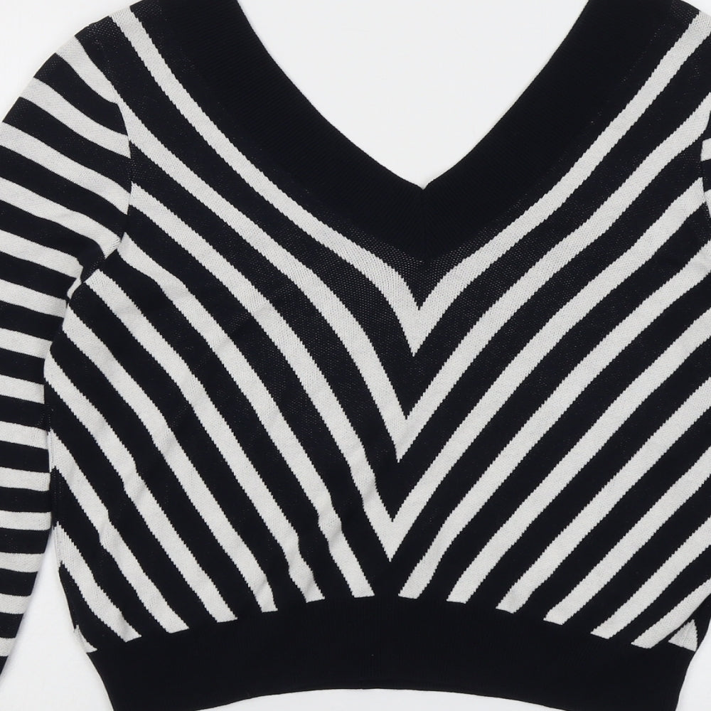 Marks and Spencer Womens Black V-Neck Striped Viscose Pullover Jumper Size 16
