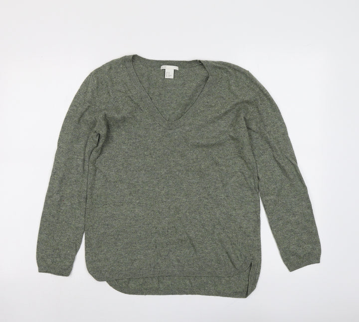 H&M Womens Green V-Neck Acrylic Pullover Jumper Size XS