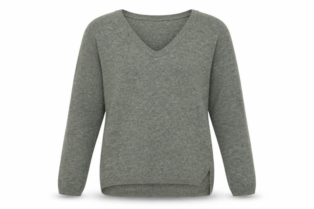 Front view of H&M women’s green v-neck acrylic jumper, size XS