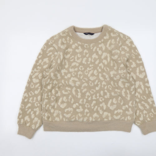 Marks and Spencer Womens Beige Round Neck Animal Print Polyamide Pullover Jumper Size S - Leopard Pattern