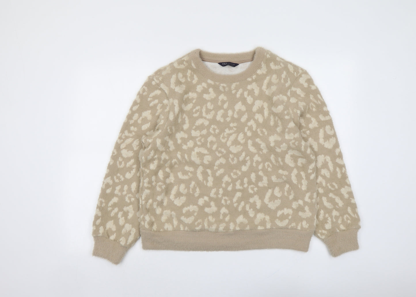 Marks and Spencer Womens Beige Round Neck Animal Print Polyamide Pullover Jumper Size S - Leopard Pattern