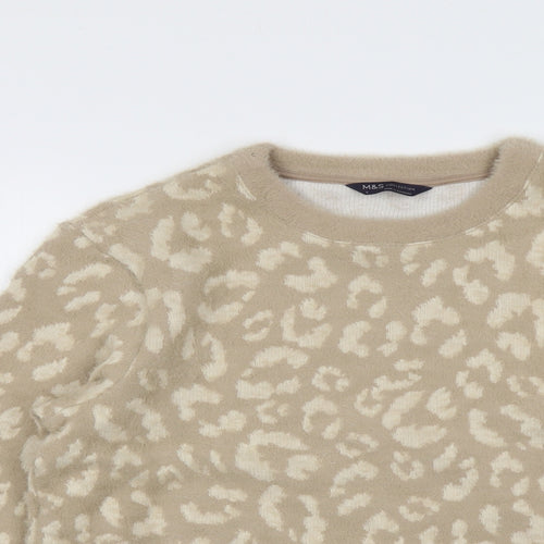Marks and Spencer Womens Beige Round Neck Animal Print Polyamide Pullover Jumper Size S - Leopard Pattern