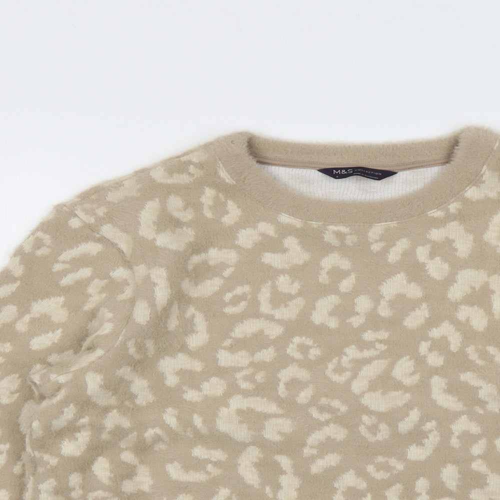 Marks and Spencer Womens Beige Round Neck Animal Print Polyamide Pullover Jumper Size S - Leopard Pattern