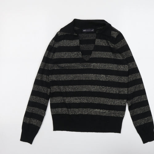 Marks and Spencer Womens Black Collared Striped Viscose Pullover Jumper Size XS