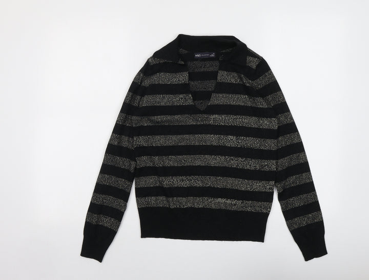 Marks and Spencer Womens Black Collared Striped Viscose Pullover Jumper Size XS