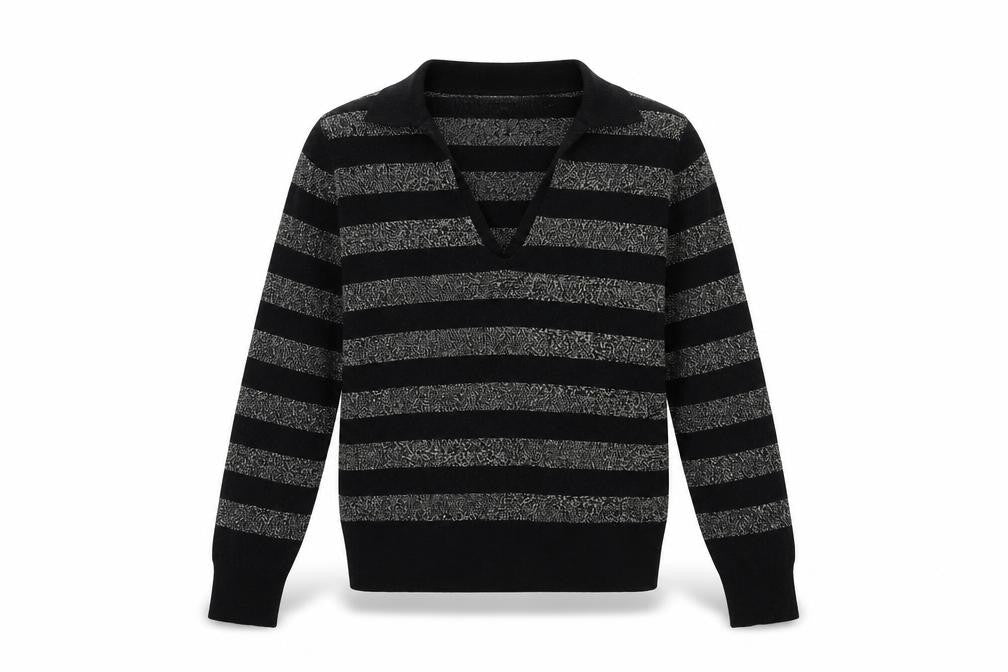 Front view of Marks & Spencer women’s black collared striped viscose jumper, size XS