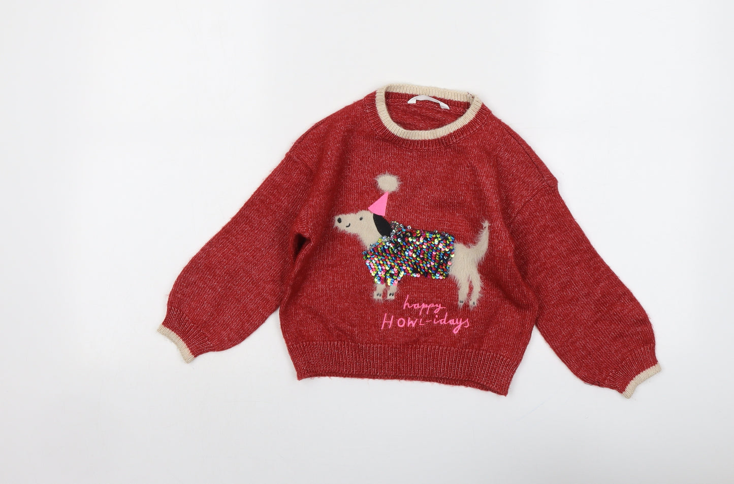 Marks and Spencer Girls Red Round Neck Polyester Pullover Jumper Size 3-4 Years Pullover - Happy Howl-idays