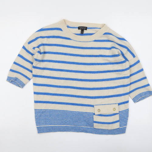 Topshop Womens Beige Round Neck Striped Angora Pullover Jumper Size 8