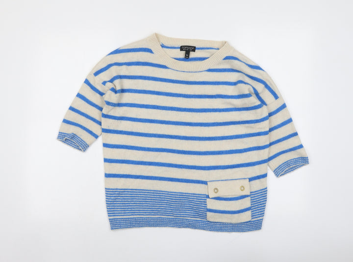 Topshop Womens Beige Round Neck Striped Angora Pullover Jumper Size 8