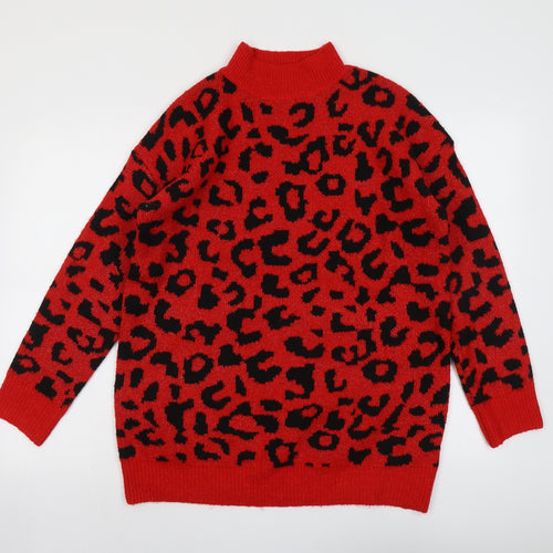 Quiz Womens Red High Neck Animal Print Acrylic Pullover Jumper Size L - Leopard Pattern