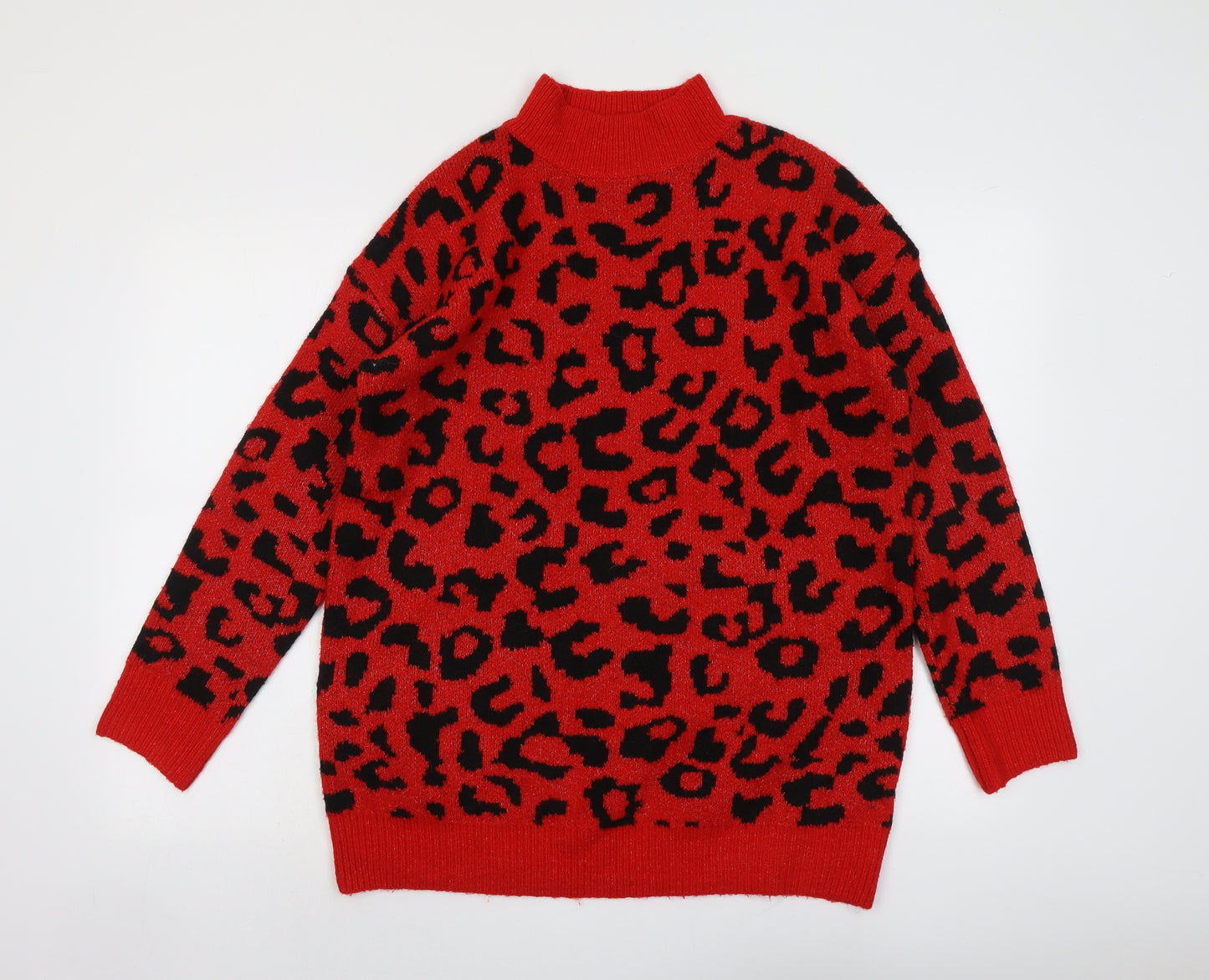 Quiz Womens Red High Neck Animal Print Acrylic Pullover Jumper Size L - Leopard Pattern