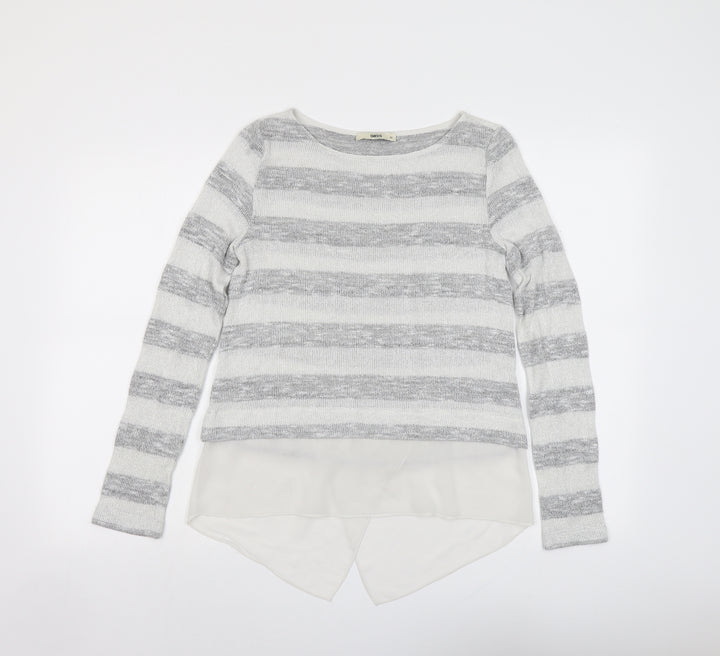 Oasis Womens Grey Round Neck Striped Viscose Pullover Jumper Size XS