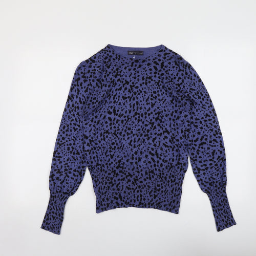 Marks and Spencer Womens Blue Round Neck Animal Print Viscose Pullover Jumper Size 8 - Cheetah Print