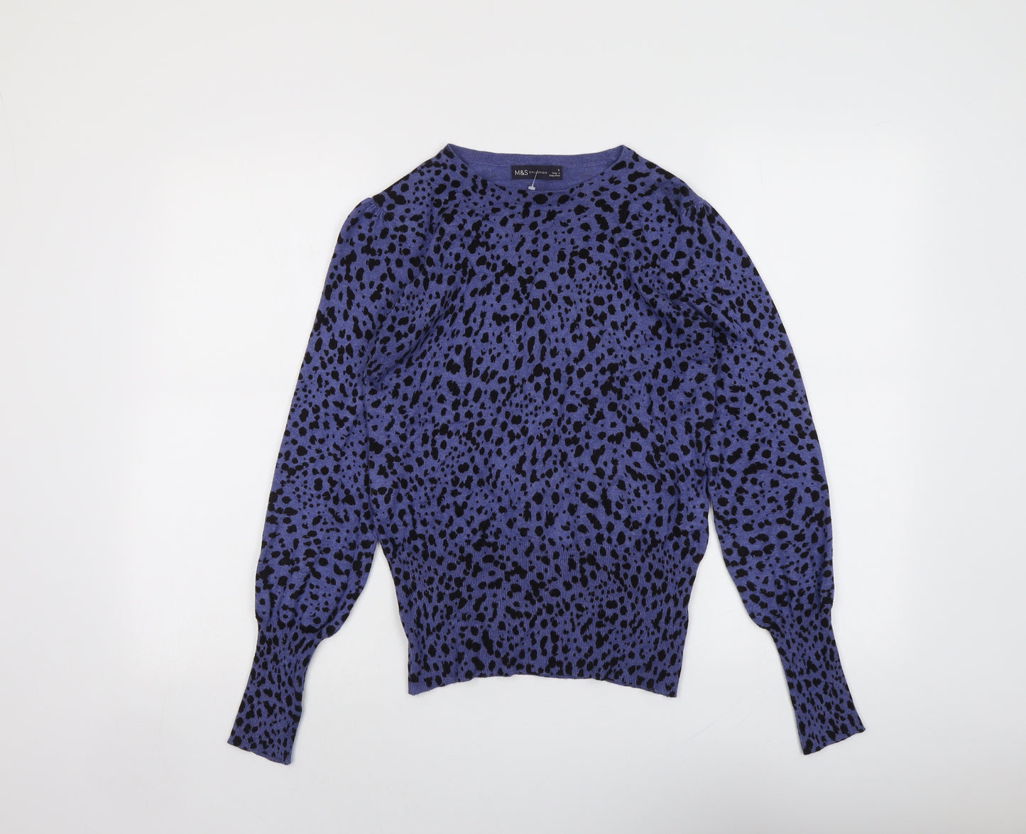Marks and Spencer Womens Blue Round Neck Animal Print Viscose Pullover Jumper Size 8 - Cheetah Print