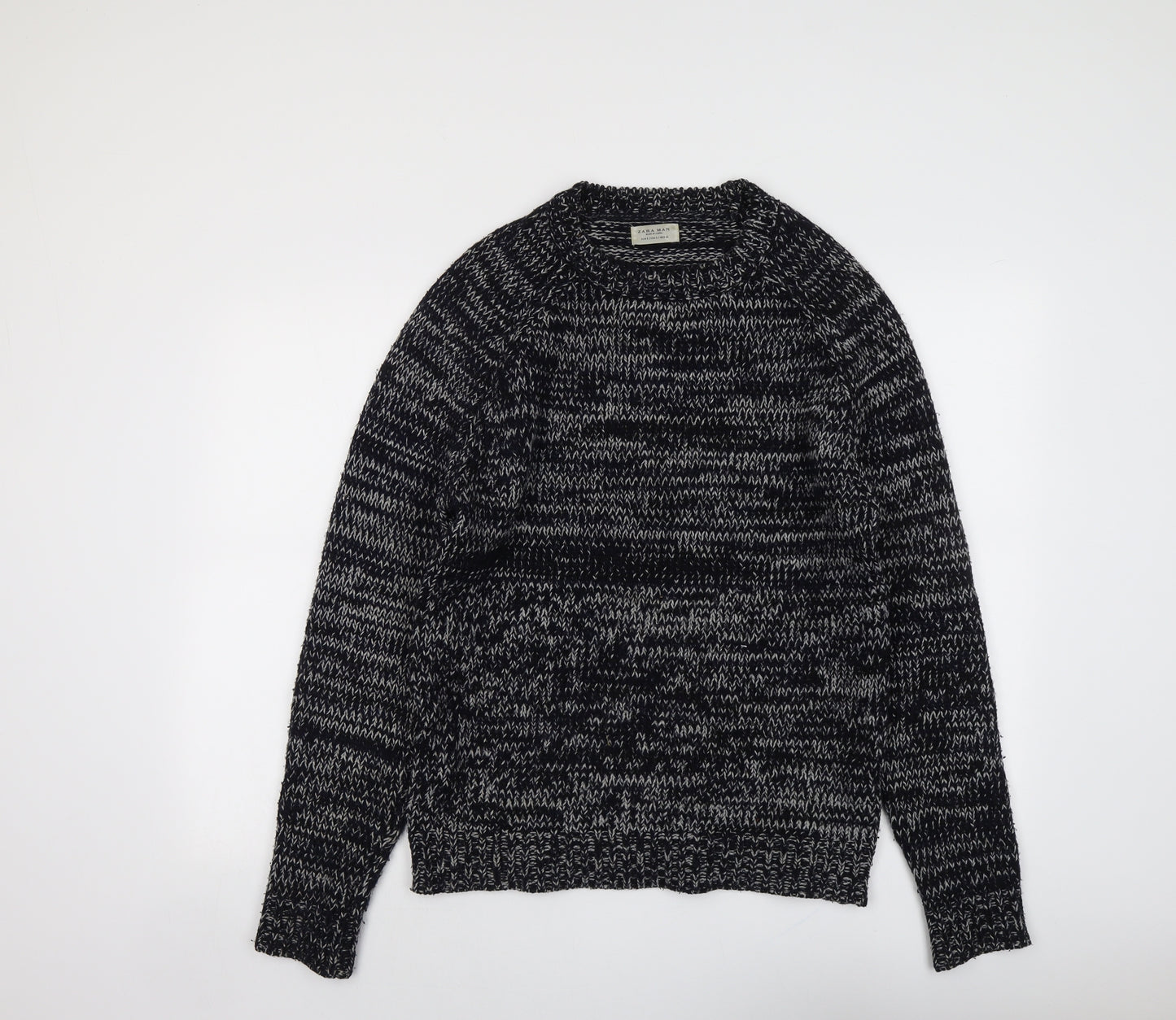 Zara Mens Blue Round Neck Acrylic Pullover Jumper Size L Long Sleeve