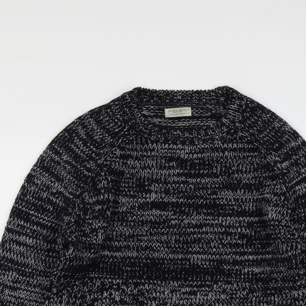 Zara Mens Blue Round Neck Acrylic Pullover Jumper Size L Long Sleeve