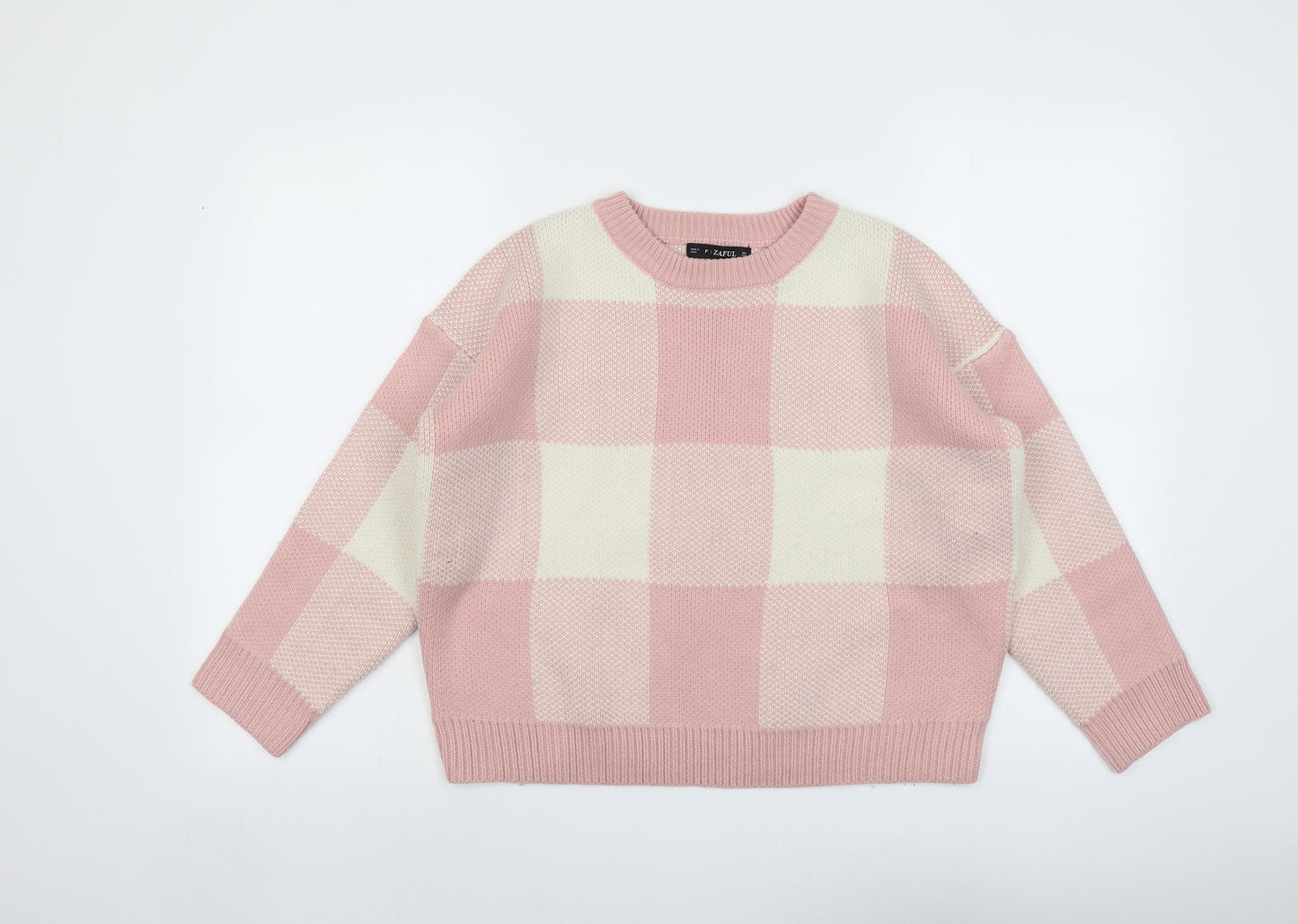 Zaful Womens Pink Round Neck Check Acrylic Pullover Jumper One Size