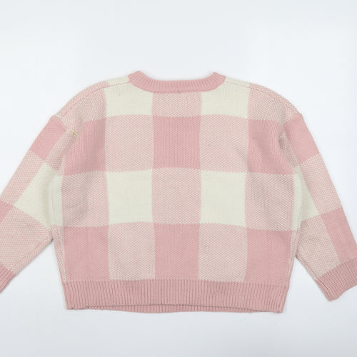 Zaful Womens Pink Round Neck Check Acrylic Pullover Jumper One Size