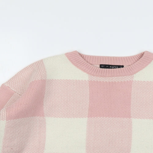 Zaful Womens Pink Round Neck Check Acrylic Pullover Jumper One Size