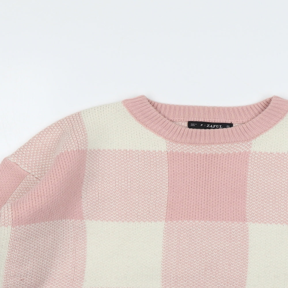Zaful Womens Pink Round Neck Check Acrylic Pullover Jumper One Size